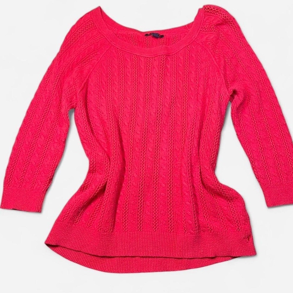 American Eagle Coquette Cable Knit Boatneck Sweater 3/4 Sleeve Wool Blend Sz L